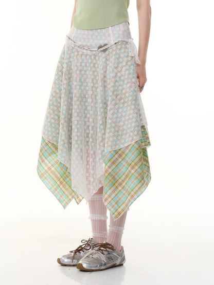 Lace Stitching Irregular Hem Plaid Skirt【s0000013060】