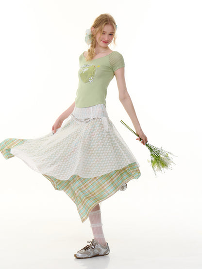 Lace Stitching Irregular Hem Plaid Skirt【s0000013060】