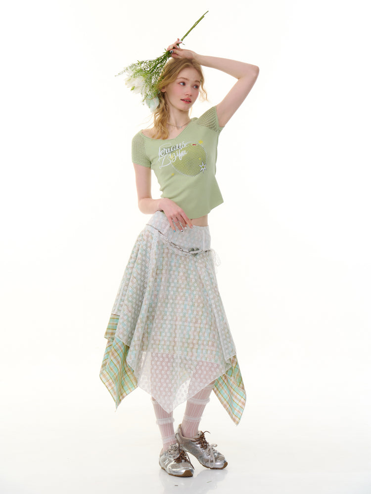 Lace Stitching Irregular Hem Plaid Skirt【s0000013060】