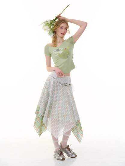 Lace Stitching Irregular Hem Plaid Skirt【s0000013060】