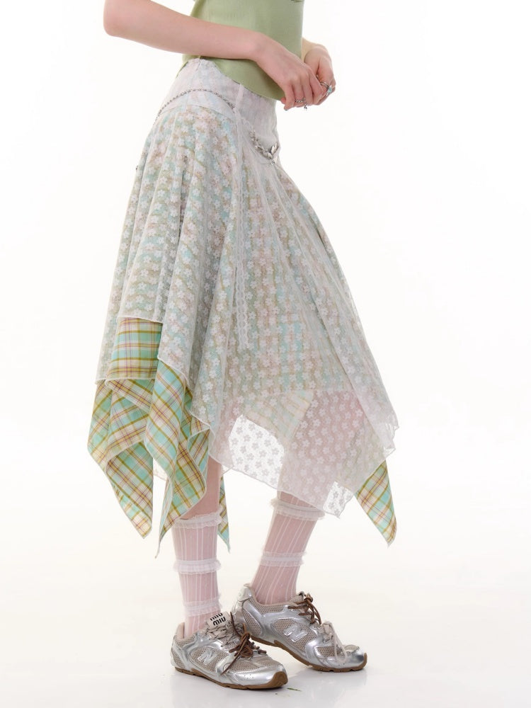 Lace Stitching Irregular Hem Plaid Skirt【s0000013060】