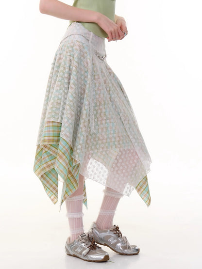 Lace Stitching Irregular Hem Plaid Skirt【s0000013060】