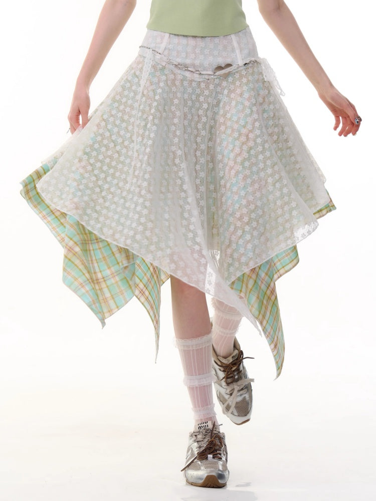 Lace Stitching Irregular Hem Plaid Skirt【s0000013060】