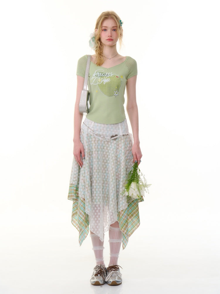 Lace Stitching Irregular Hem Plaid Skirt【s0000013060】