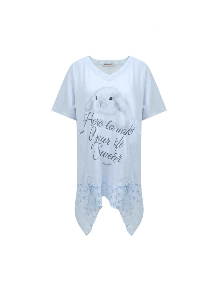 Rabbit Print Irregular Hem Loose V-Neck Short Sleeve T-Shirt【s0000013062】