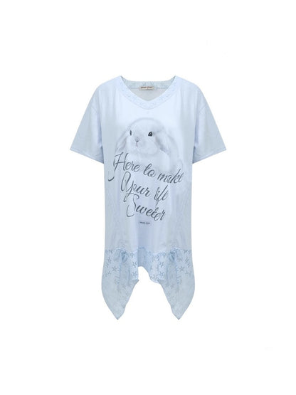 Rabbit Print Irregular Hem Loose V-Neck Short Sleeve T-Shirt【s0000013062】