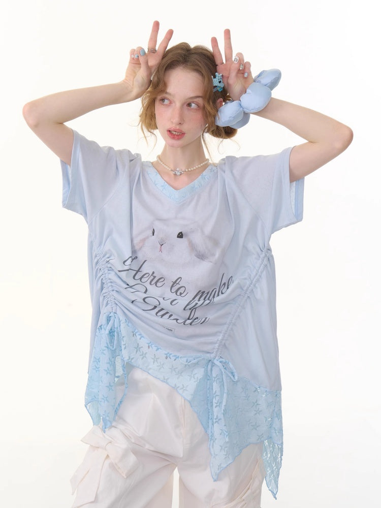 Rabbit Print Irregular Hem Loose V-Neck Short Sleeve T-Shirt【s0000013062】