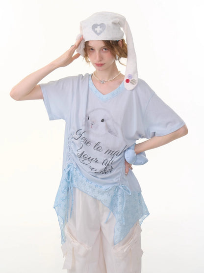 Rabbit Print Irregular Hem Loose V-Neck Short Sleeve T-Shirt【s0000013062】