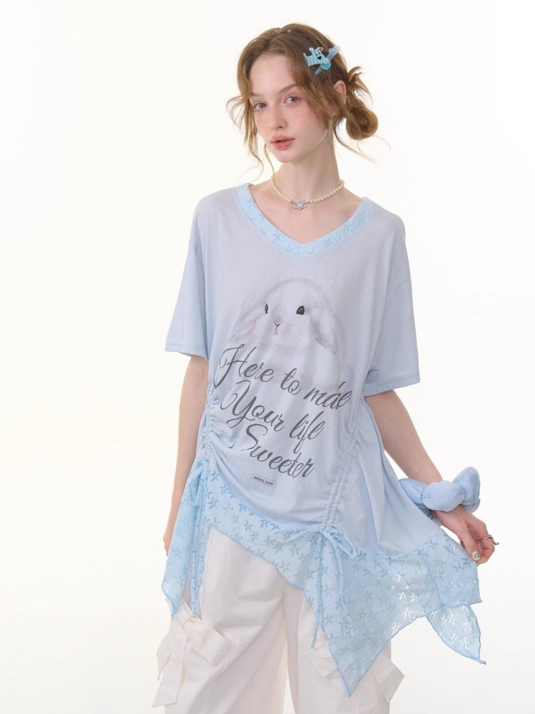 Rabbit Print Irregular Hem Loose V-Neck Short Sleeve T-Shirt【s0000013062】