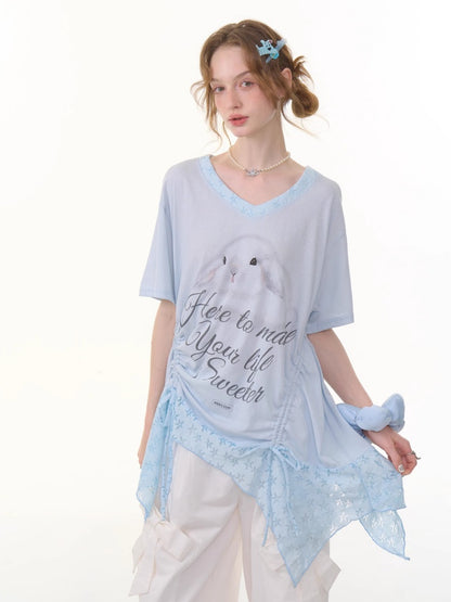 Rabbit Print Irregular Hem Loose V-Neck Short Sleeve T-Shirt【s0000013062】