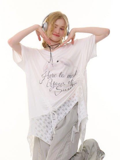 Rabbit Print Irregular Hem Loose V-Neck Short Sleeve T-Shirt【s0000013062】