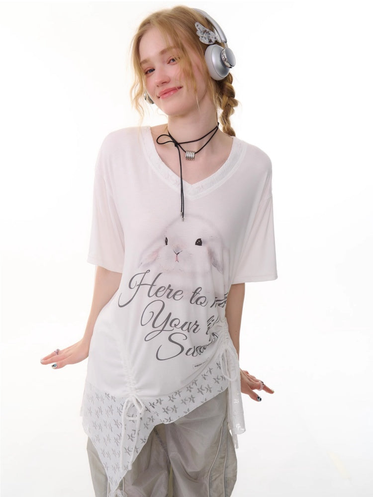 Rabbit Print Irregular Hem Loose V-Neck Short Sleeve T-Shirt【s0000013062】