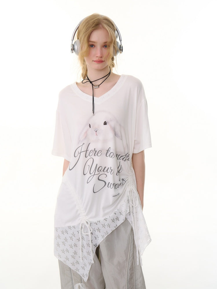 Rabbit Print Irregular Hem Loose V-Neck Short Sleeve T-Shirt【s0000013062】