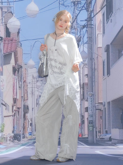 Rabbit Print Irregular Hem Loose V-Neck Short Sleeve T-Shirt【s0000013062】