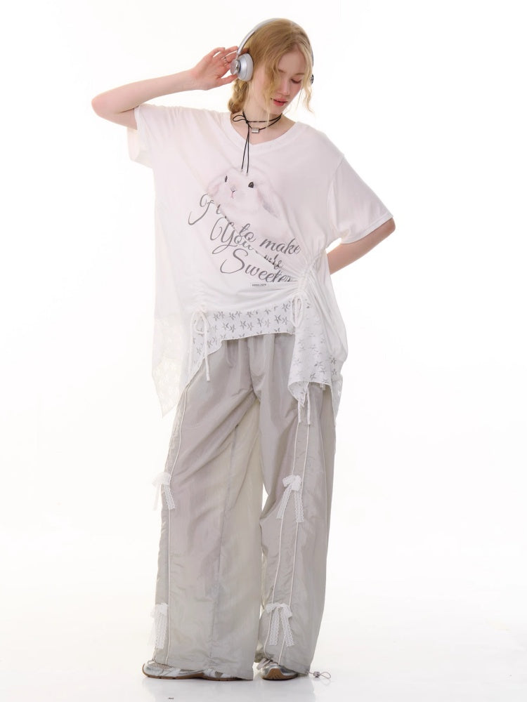 Rabbit Print Irregular Hem Loose V-Neck Short Sleeve T-Shirt【s0000013062】