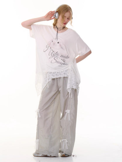 Rabbit Print Irregular Hem Loose V-Neck Short Sleeve T-Shirt【s0000013062】
