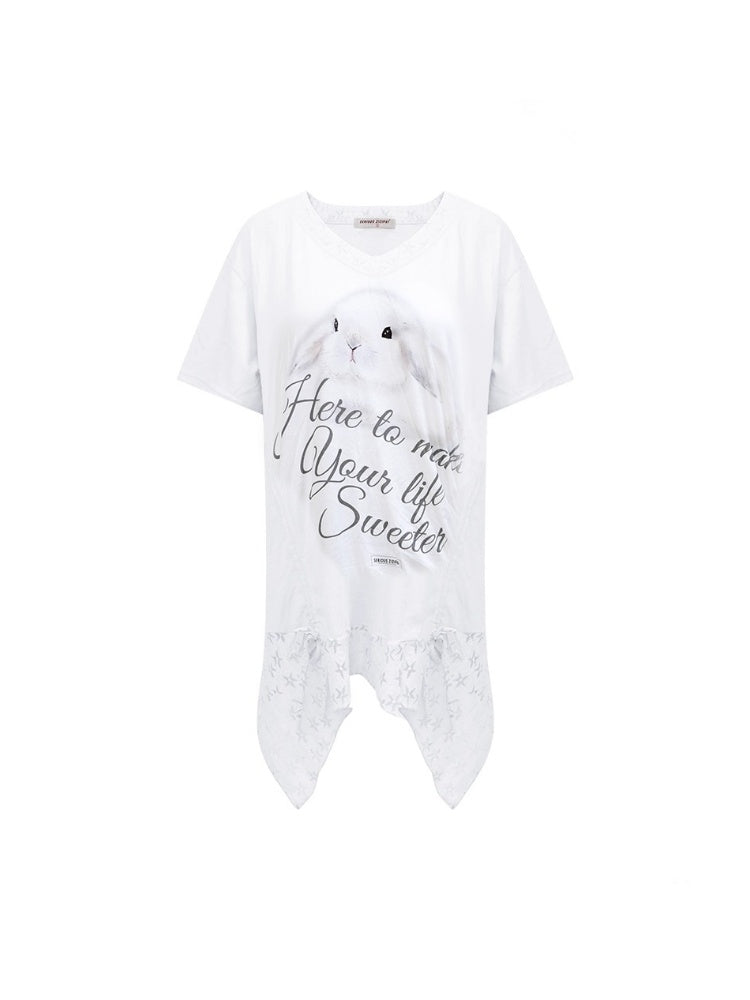 Rabbit Print Irregular Hem Loose V-Neck Short Sleeve T-Shirt【s0000013062】