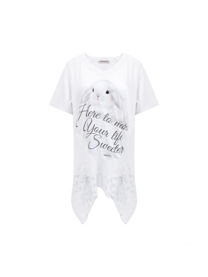 Rabbit Print Irregular Hem Loose V-Neck Short Sleeve T-Shirt【s0000013062】