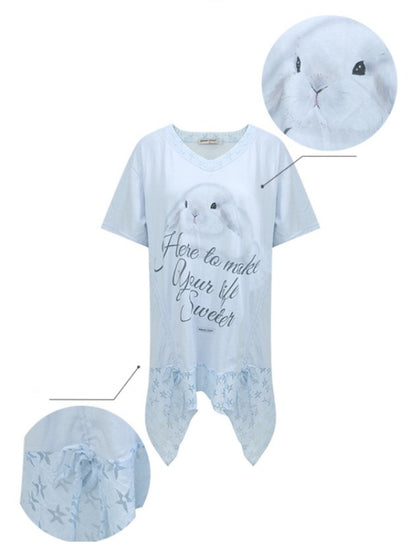 Rabbit Print Irregular Hem Loose V-Neck Short Sleeve T-Shirt【s0000013062】