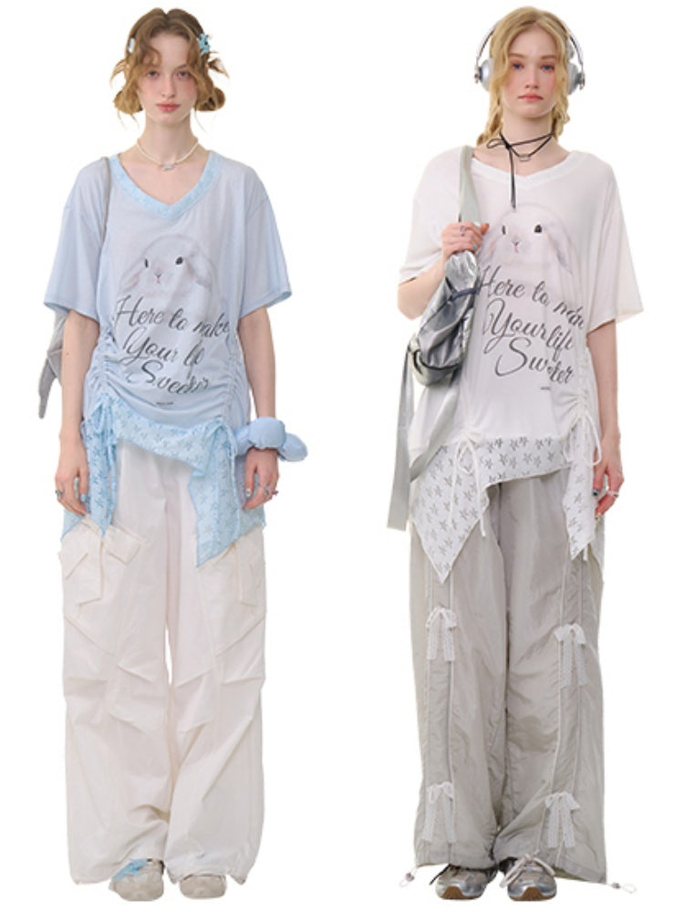 Rabbit Print Irregular Hem Loose V-Neck Short Sleeve T-Shirt【s0000013062】