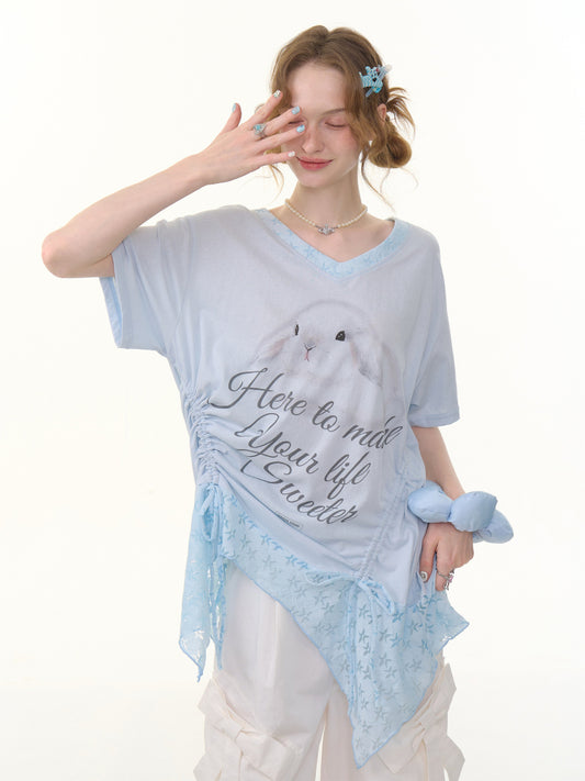 Rabbit Print Irregular Hem Loose V-Neck Short Sleeve T-Shirt【s0000013062】