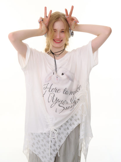 Rabbit Print Irregular Hem Loose V-Neck Short Sleeve T-Shirt【s0000013062】