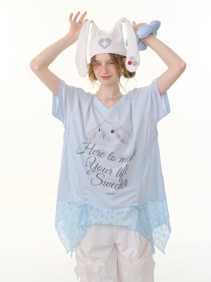 Rabbit Print Irregular Hem Loose V-Neck Short Sleeve T-Shirt【s0000013062】