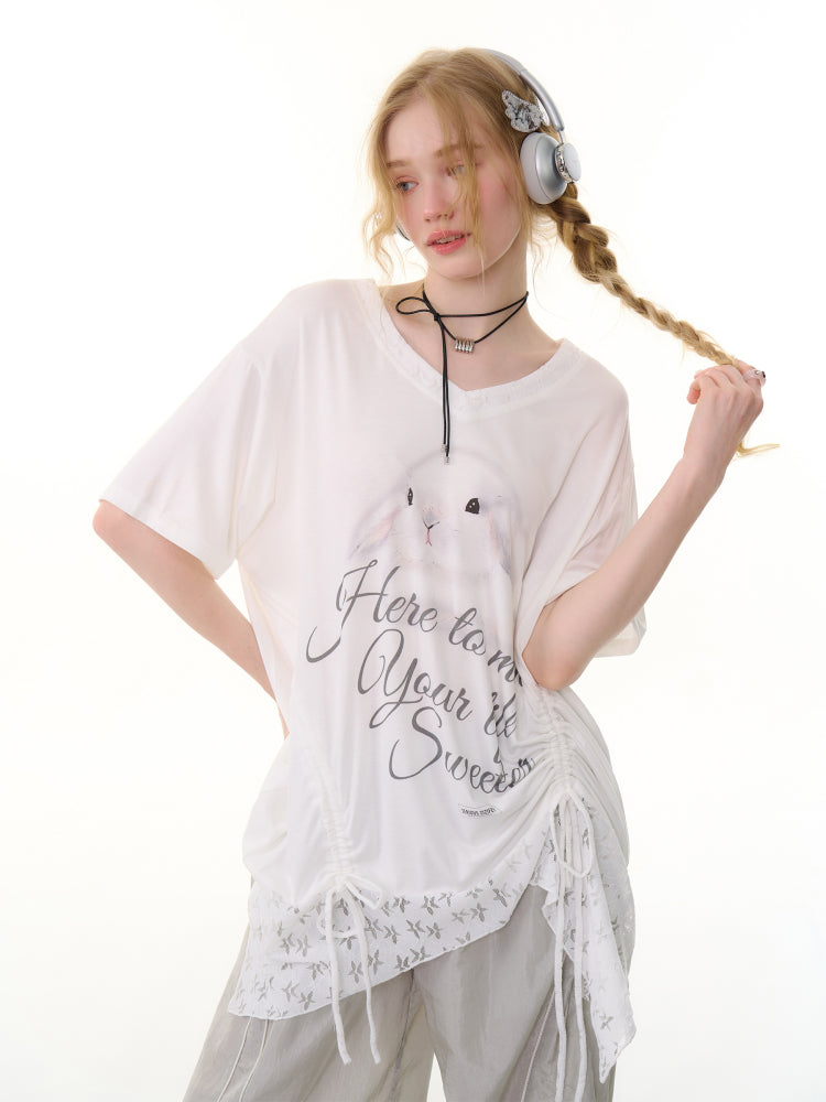 Rabbit Print Irregular Hem Loose V-Neck Short Sleeve T-Shirt【s0000013062】