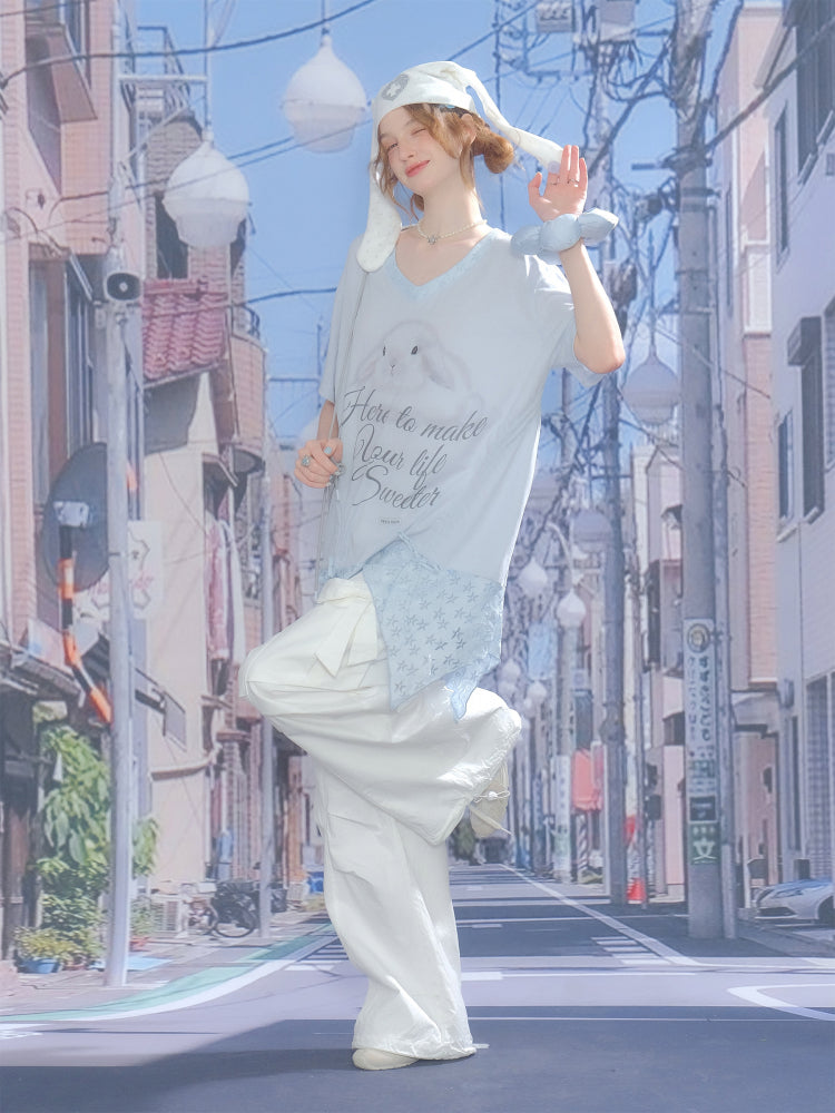 Rabbit Print Irregular Hem Loose V-Neck Short Sleeve T-Shirt【s0000013062】