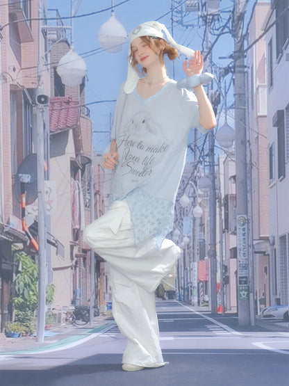 Rabbit Print Irregular Hem Loose V-Neck Short Sleeve T-Shirt【s0000013062】