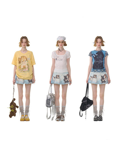 Animal Print High Waist Denim Pleated Mini Skirt【s0000013063】