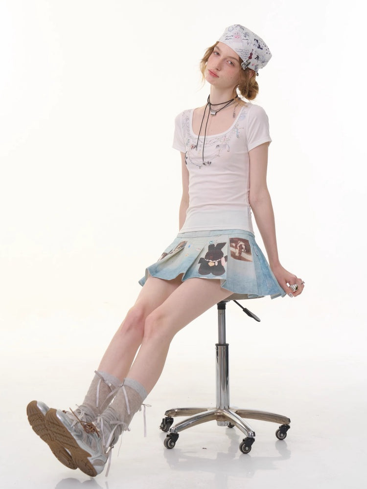 Animal Print High Waist Denim Pleated Mini Skirt【s0000013063】