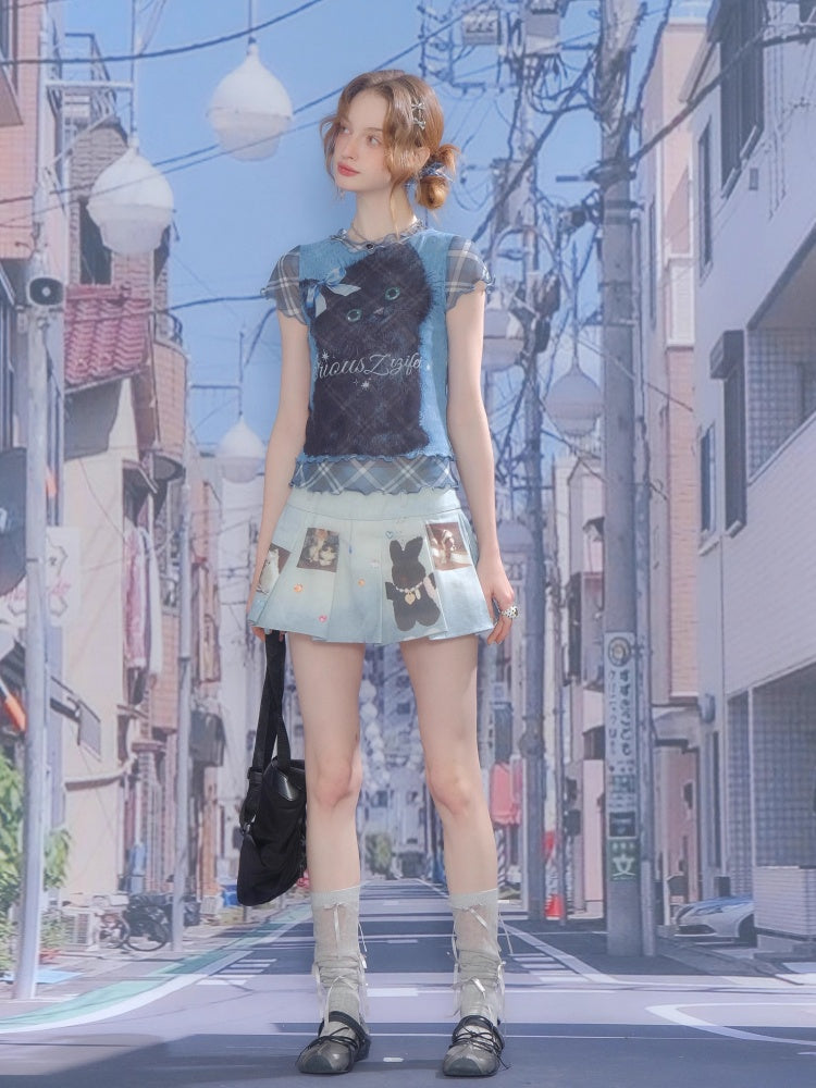 Animal Print High Waist Denim Pleated Mini Skirt【s0000013063】