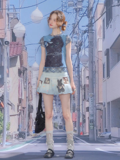 Animal Print High Waist Denim Pleated Mini Skirt【s0000013063】