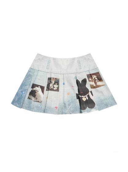 Animal Print High Waist Denim Pleated Mini Skirt【s0000013063】
