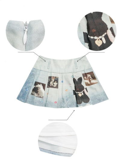Animal Print High Waist Denim Pleated Mini Skirt【s0000013063】