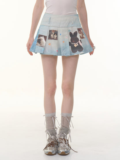 Animal Print High Waist Denim Pleated Mini Skirt【s0000013063】