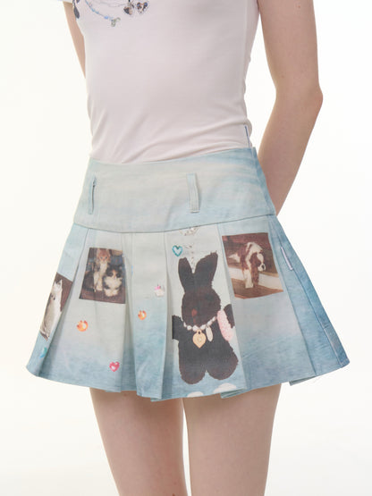 Animal Print High Waist Denim Pleated Mini Skirt【s0000013063】