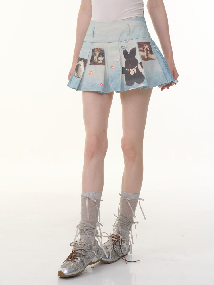 Animal Print High Waist Denim Pleated Mini Skirt【s0000013063】