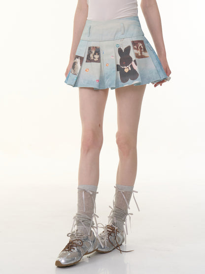 Animal Print High Waist Denim Pleated Mini Skirt【s0000013063】