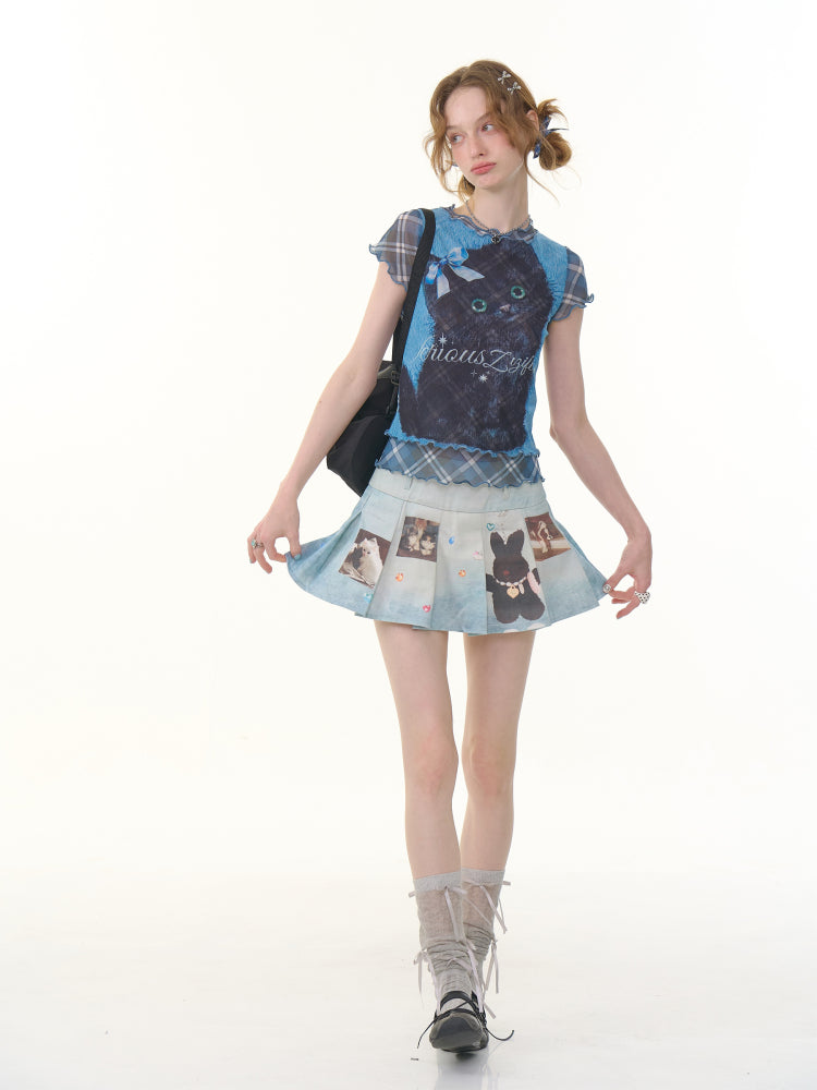 Animal Print High Waist Denim Pleated Mini Skirt【s0000013063】