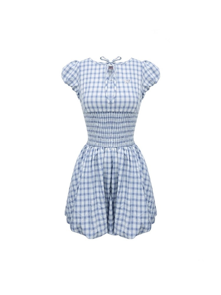Plaid Waist Shirring Puff Sleeve Bud Dress【s0000013065】