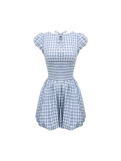 Plaid Waist Shirring Puff Sleeve Bud Dress【s0000013065】