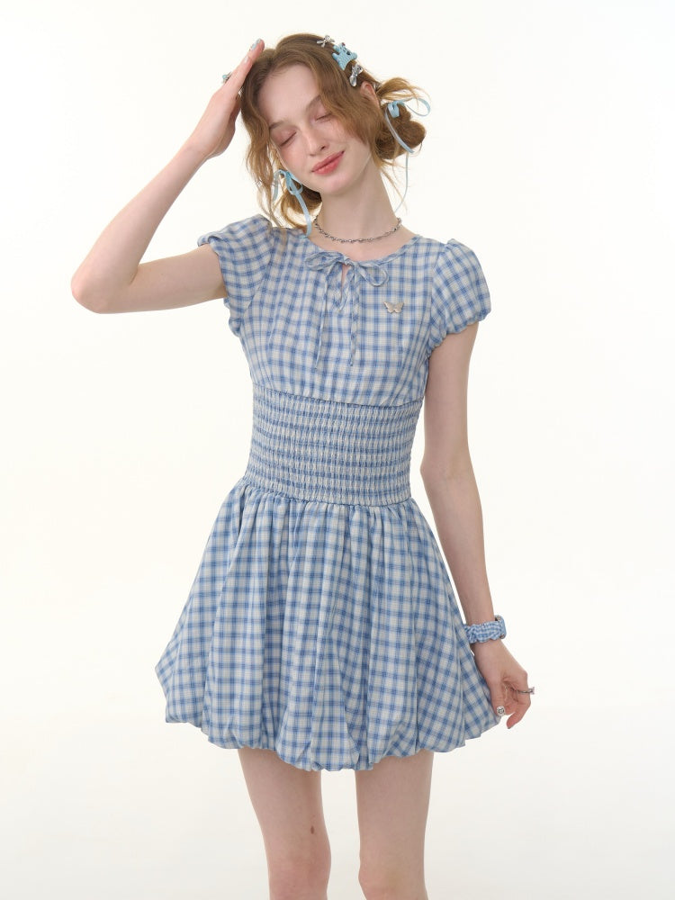 Plaid Waist Shirring Puff Sleeve Bud Dress【s0000013065】