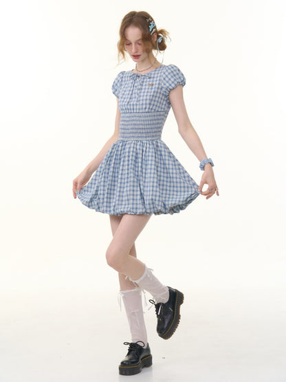 Plaid Waist Shirring Puff Sleeve Bud Dress【s0000013065】