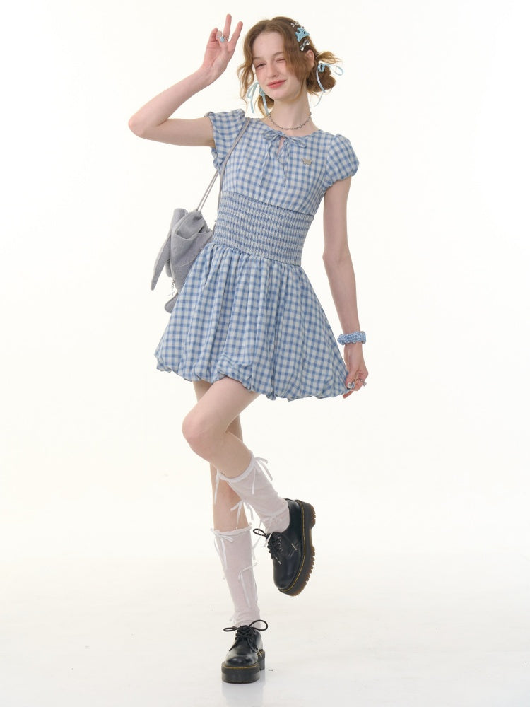 Plaid Waist Shirring Puff Sleeve Bud Dress【s0000013065】