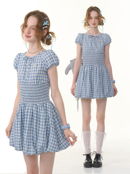 Plaid Waist Shirring Puff Sleeve Bud Dress【s0000013065】