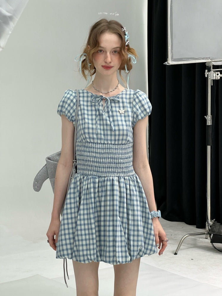 Plaid Waist Shirring Puff Sleeve Bud Dress【s0000013065】