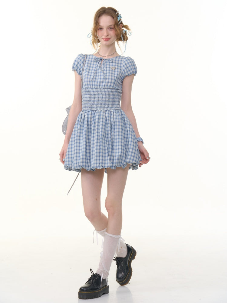 Plaid Waist Shirring Puff Sleeve Bud Dress【s0000013065】