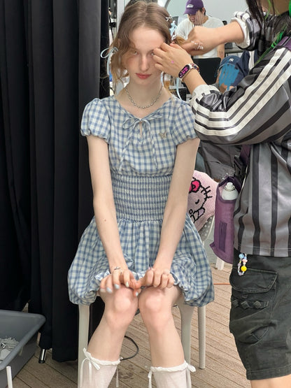 Plaid Waist Shirring Puff Sleeve Bud Dress【s0000013065】